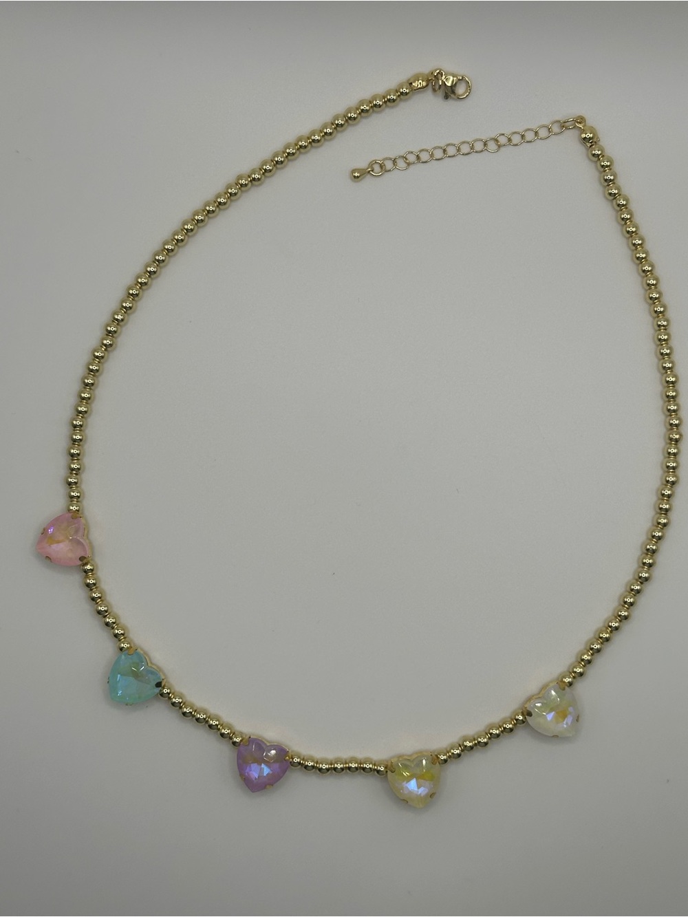 Gold Plated Beaded Necklace with Pastel Heart Crystals - Women Jewelry